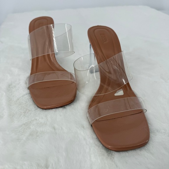 ZARA Women Transparent Clear Strap Block Heel Mules Tan Size 37 US 6.5 - Picture 6 of 8